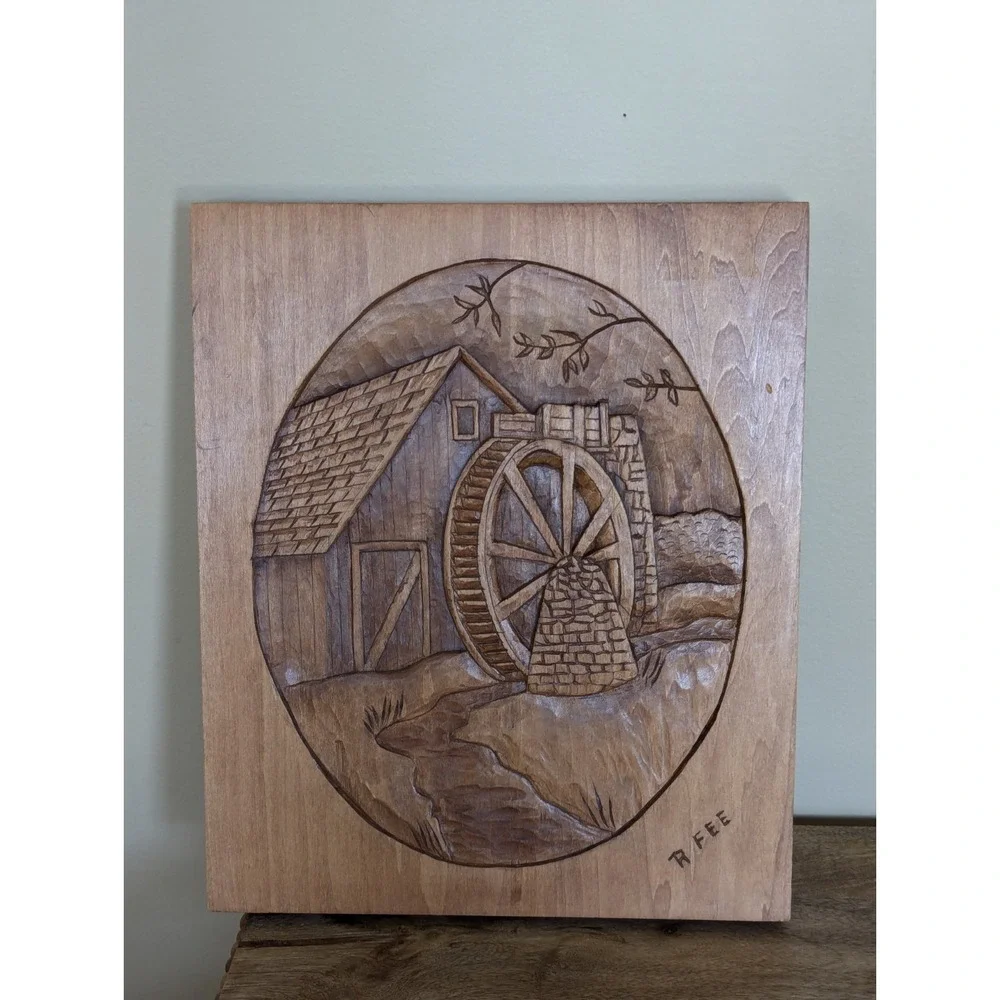 Vintage Hand Carved Wood Relief 3-D Wall Plaque Decor Water Mill Wheel Signed